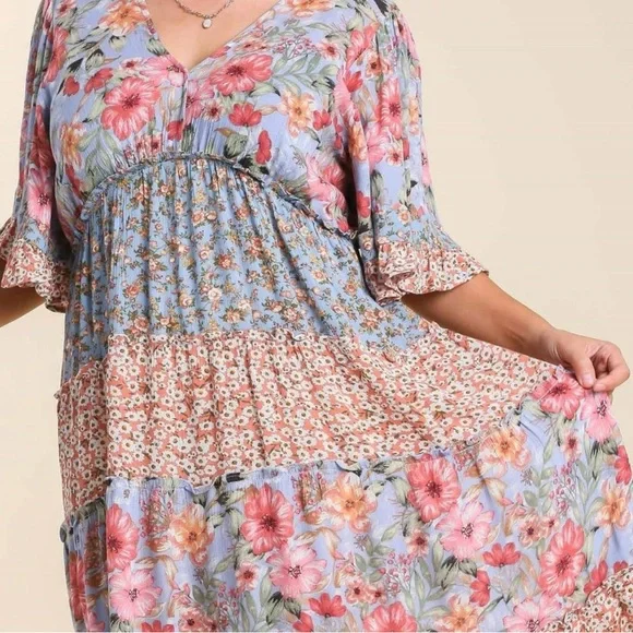 SOLD NWT Large Umgee Mixed Fabric Tiered Midi dress - Picture 2 of 10